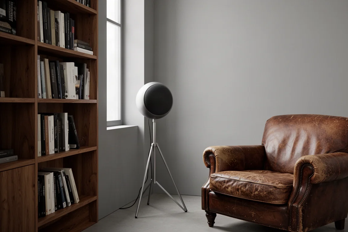 Compacte studeerkamer met een bolvormige speaker op een statief naast een hoge boekenkast