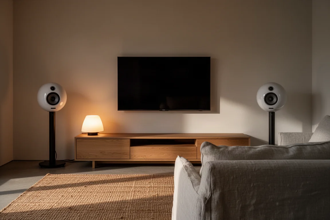 Avondlijke woonkamer met twee bolvormige speakers aan weerszijden van een wandgemonteerde televisie