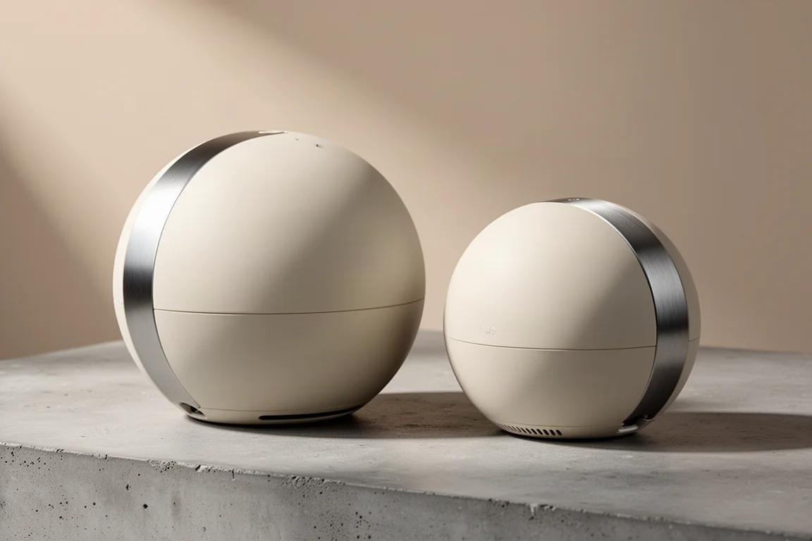 Two spherical wireless speakers of different sizes in matte off-white on a concrete surface