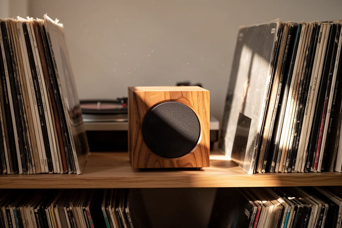 Würfelförmiger Lautsprecher im Plattenregal, flankiert von Vinylplatten