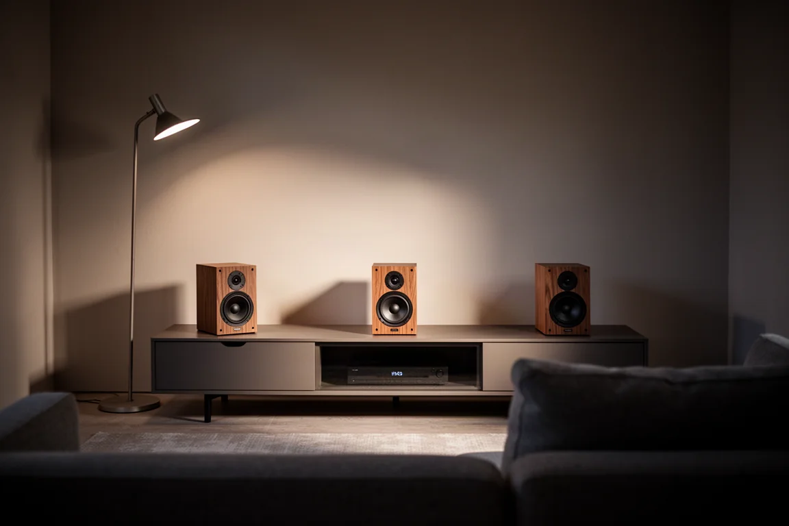 Wohnzimmer in der Dämmerung mit drei kleinen Lautsprechern als Links, Mitte und Rechts