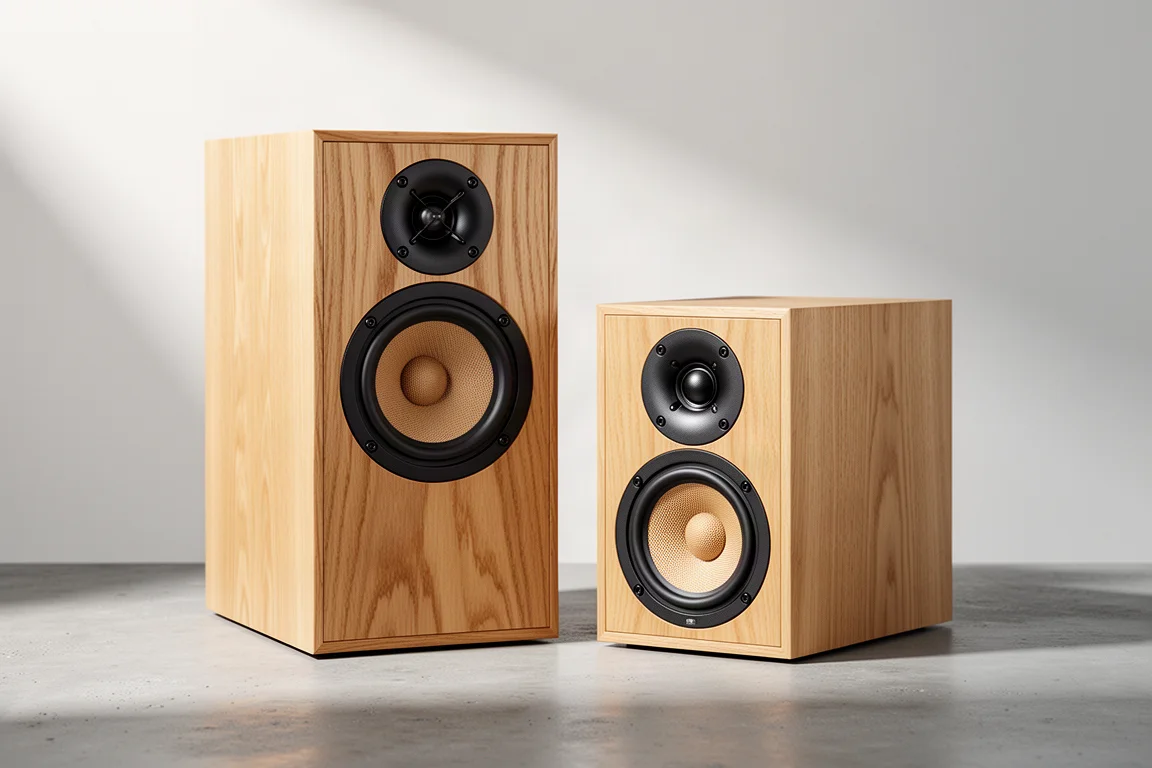Two compact DeVore Fidelity speakers with oak baffles on a concrete surface