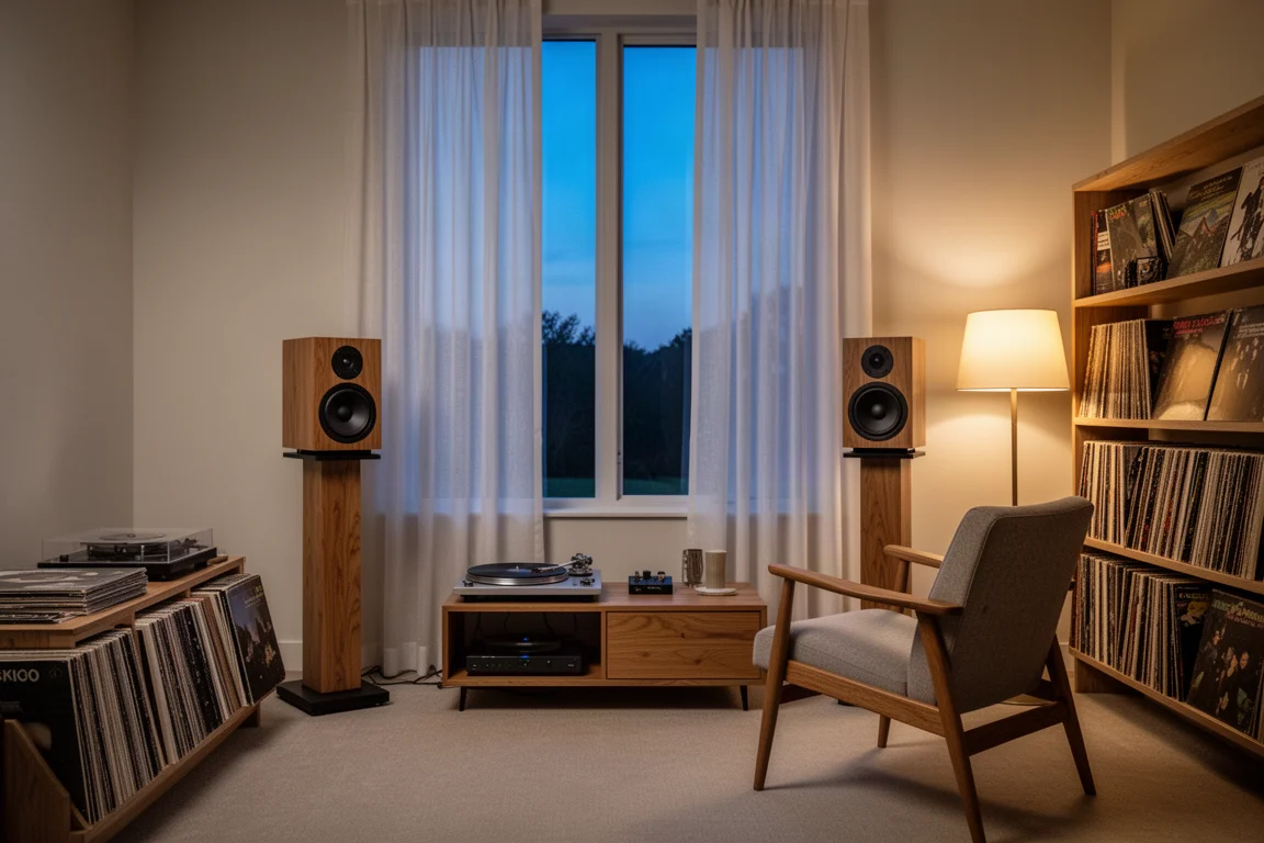 Kompakte Regallautsprecher auf Ständern flankieren ein Fenster in einem warm beleuchteten Hörraum