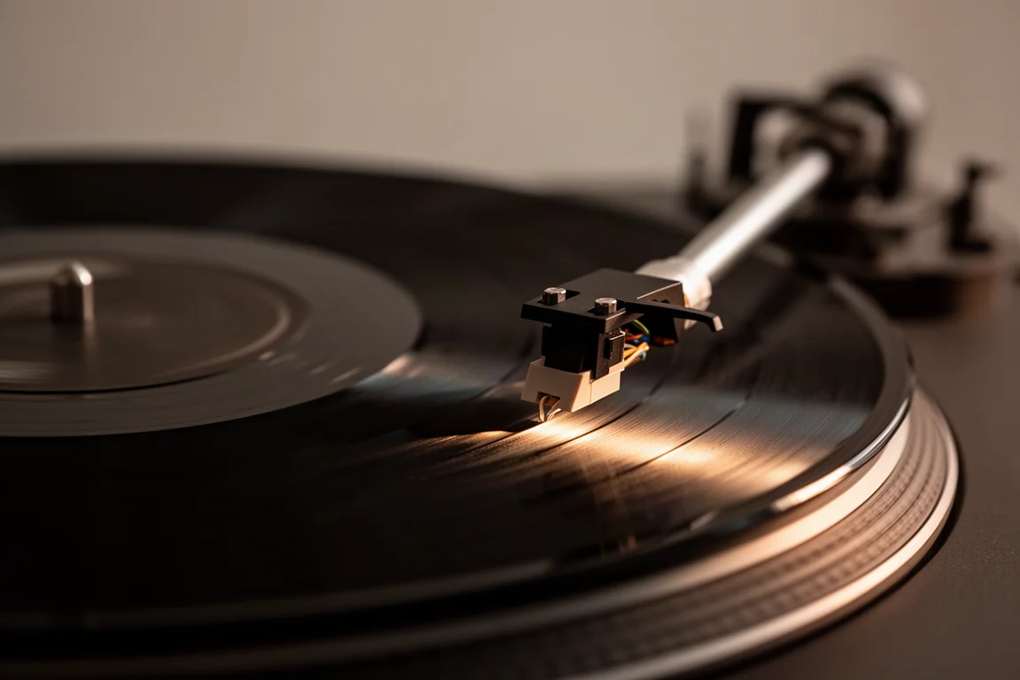 Nahaufnahme einer Vinylplatte, die im warmen Lampenlicht rotiert, mit Nadel in der Rille