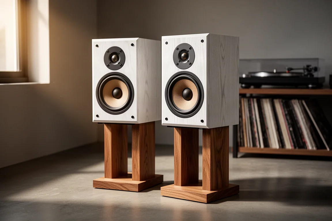 Compact stand-mounted speakers with oak veneer baffles on solid oak stands in a listening room