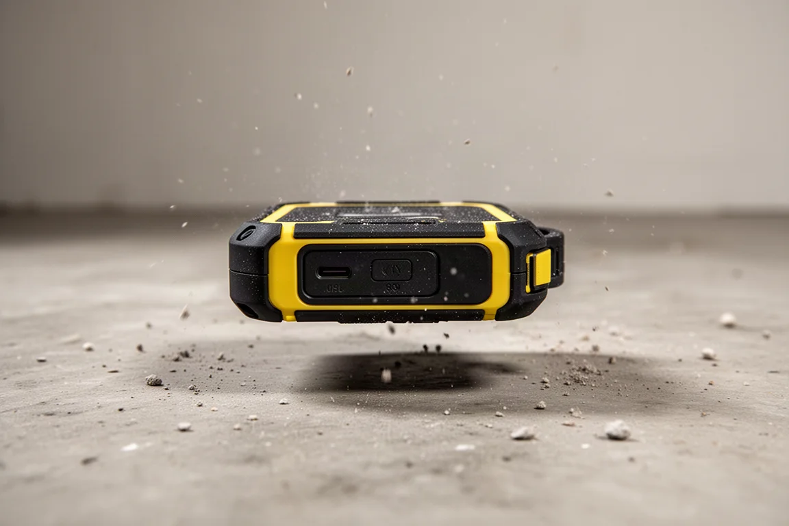 Power bank robusto appoggiato a faccia in giù sul pavimento di cemento di un'officina