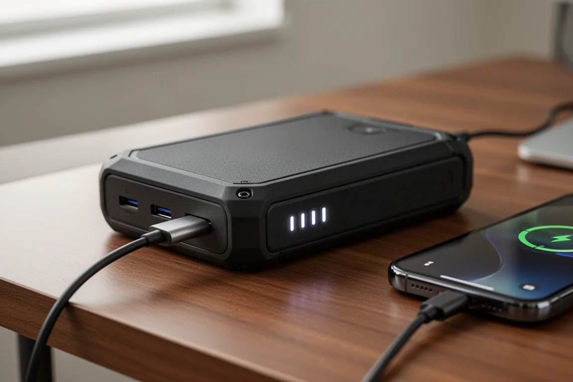 Cavo USB-C collegato al power bank mentre uno smartphone si ricarica accanto