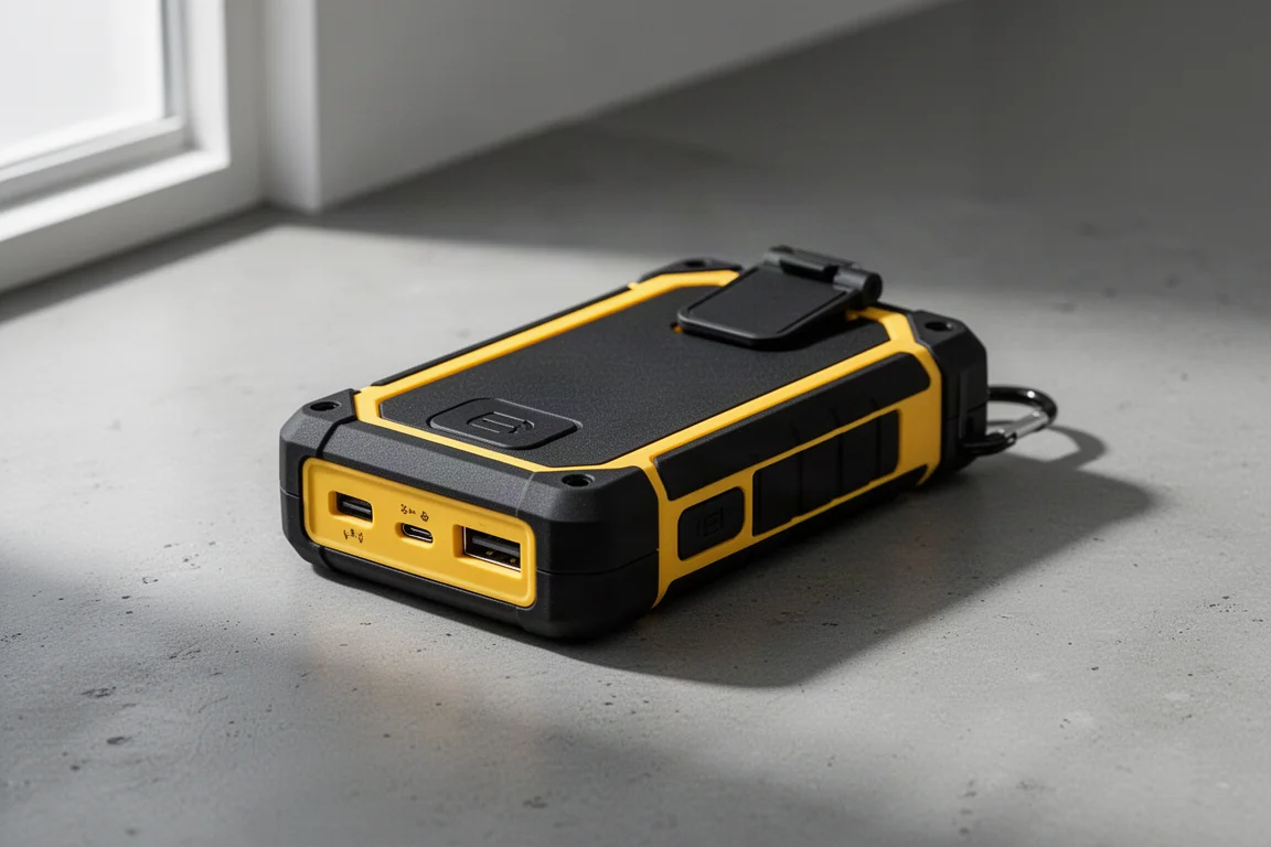 Power bank DeWalt da 10.000 mAh robusto con guscio rivestito in gomma nero e giallo su calcestruzzo