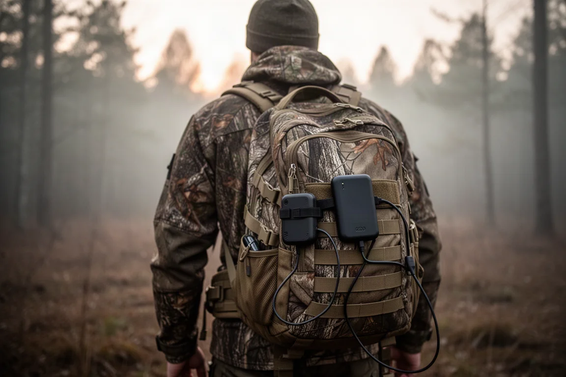 Jager in het bos controleert een telefoon met een draagbare powerbank aan een rugzak