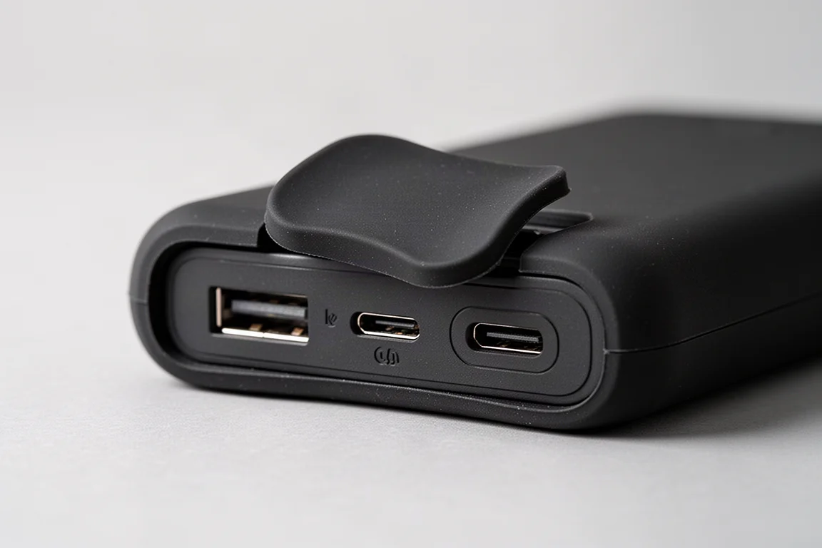 Close-up van USB-A- en USB-C-poorten onder een opgetilde rubberen eindkap