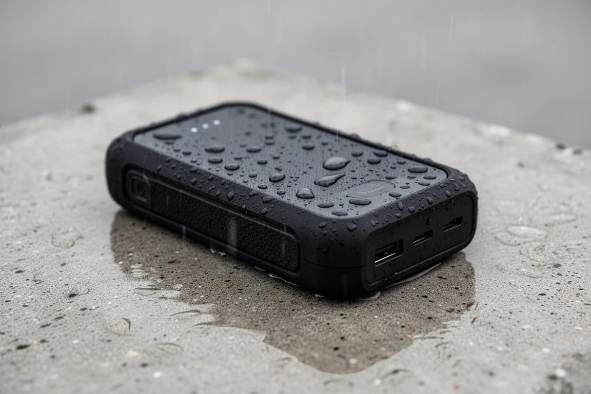 Powerbank wordt afgespoeld met waterdruppels op de rubberen behuizing