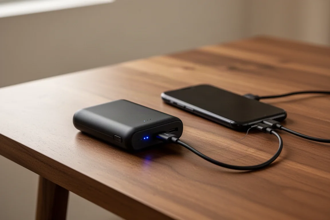 Powerbank op een houten tafel naast een smartphone die wordt opgeladen