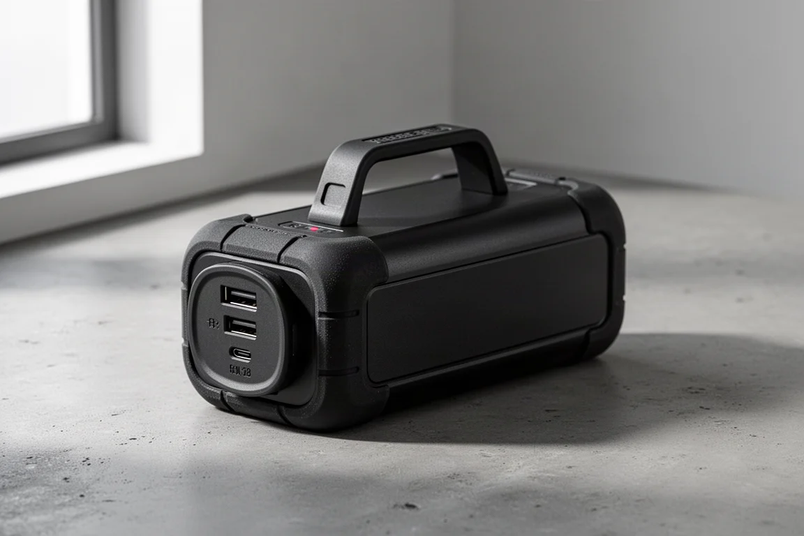 Rugged black power bank with rubber over-molding and carry handle on concrete surface