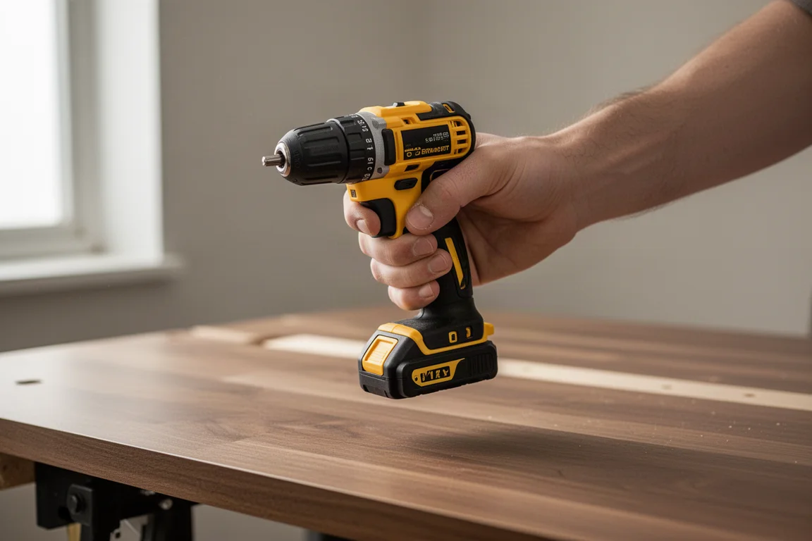 Taladro atornillador inalámbrico compacto sostenido con una mano, mostrando su tamaño reducido