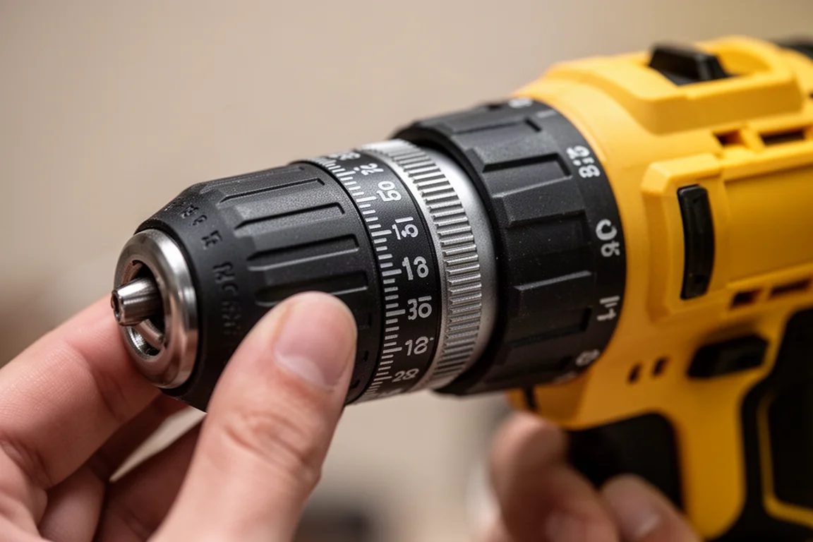 Primer plano de un collar de embrague manual con posiciones numeradas en un taladro atornillador