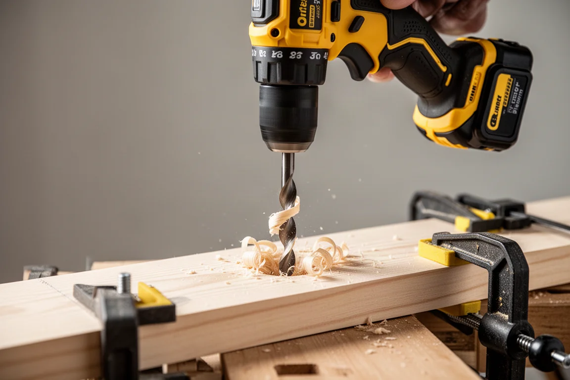 Prueba de taladrado en tabla de madera con broca y virutas de madera visibles