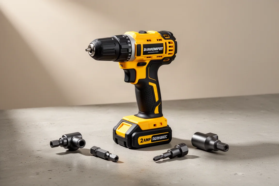 Compact yellow and black cordless drill driver with interchangeable heads on concrete surface