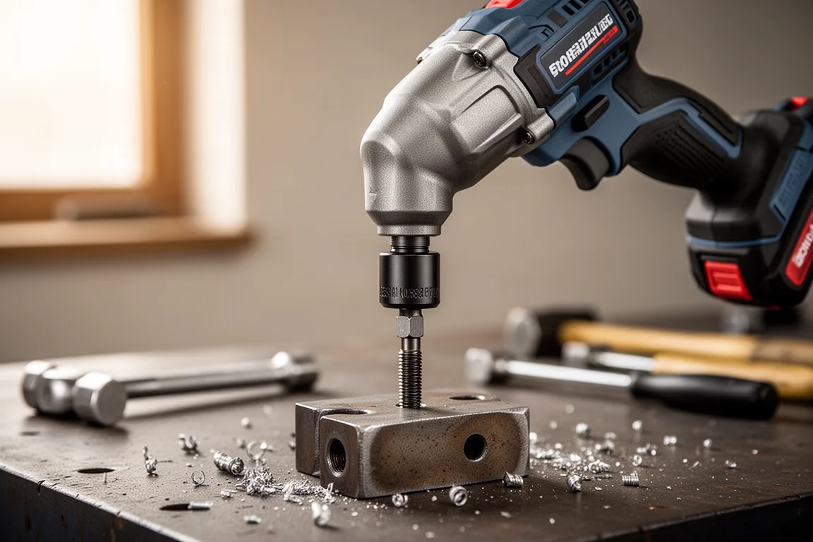 Compact impact wrench driving a bolt on a workshop bench