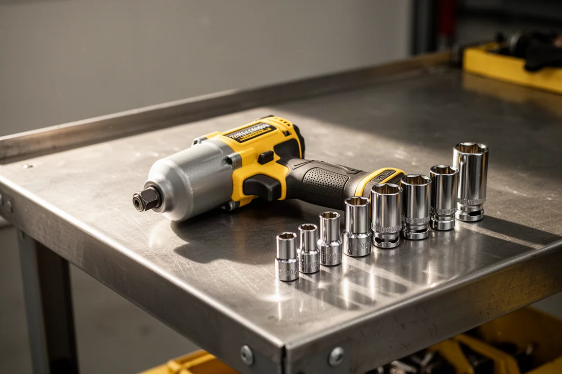 Impact wrench resting on a garage workbench beside sockets