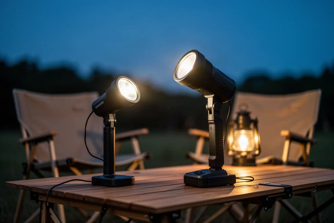 Searchlight resting on a campsite table glowing softly at dusk