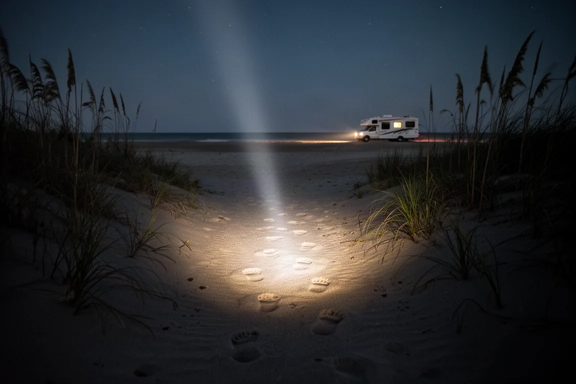Person walking a beach path at night lit by a handheld light beam