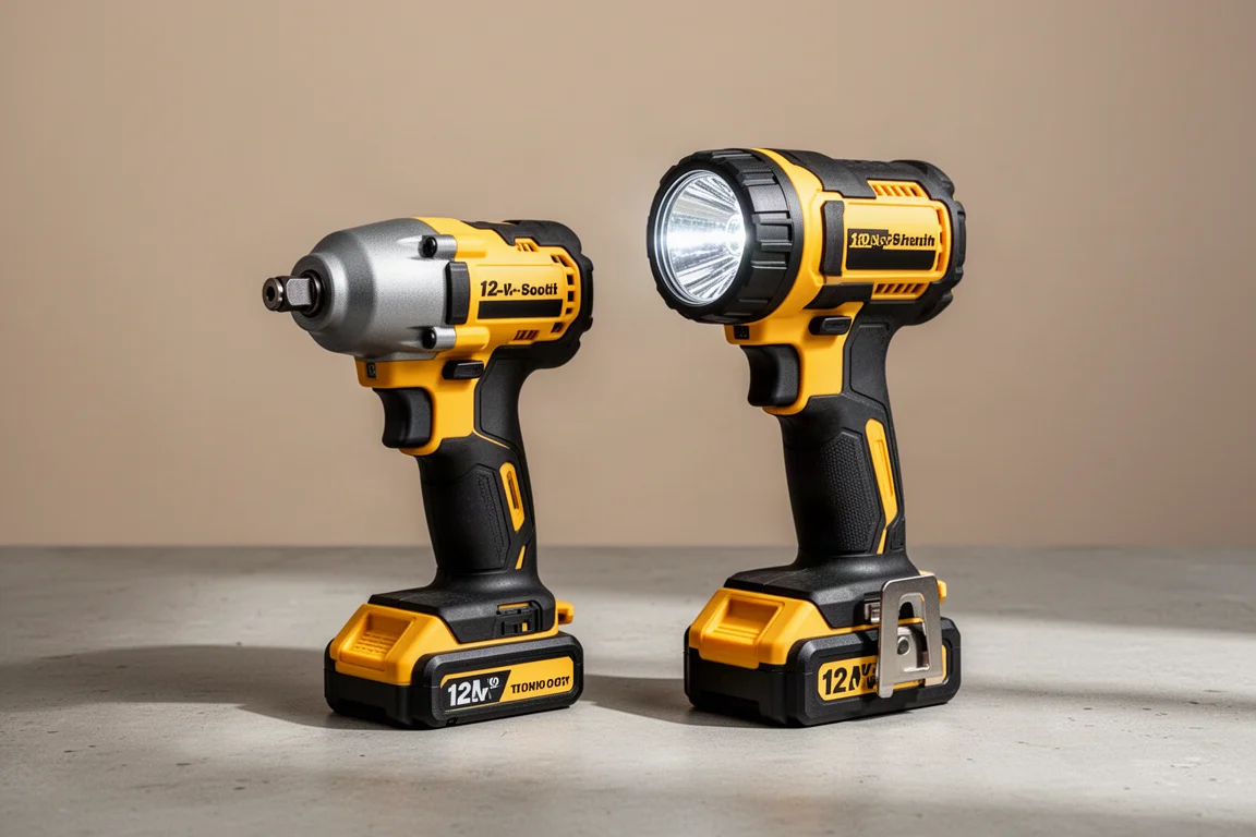 DeWalt 12V impact wrench and Milwaukee M18 searchlight on a concrete surface