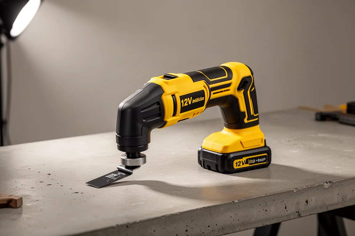 Multi-strumento oscillante DeWalt 12V compatto giallo e nero su un banco da lavoro