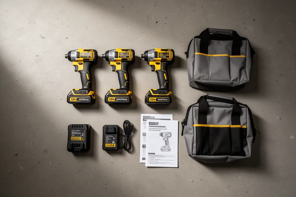 Inhalt des DeWalt 12V Bohrer- und Schlagschrauber-Kits mit Akkus, Ladegerät und Werkzeugtasche ausgelegt