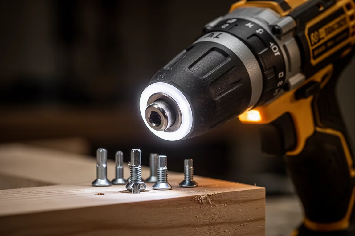 Nahaufnahme des vorderen LED-Rings eines Schlagschraubers, der eine Schraubverbindung an einem dunklen Arbeitsplatz beleuchtet