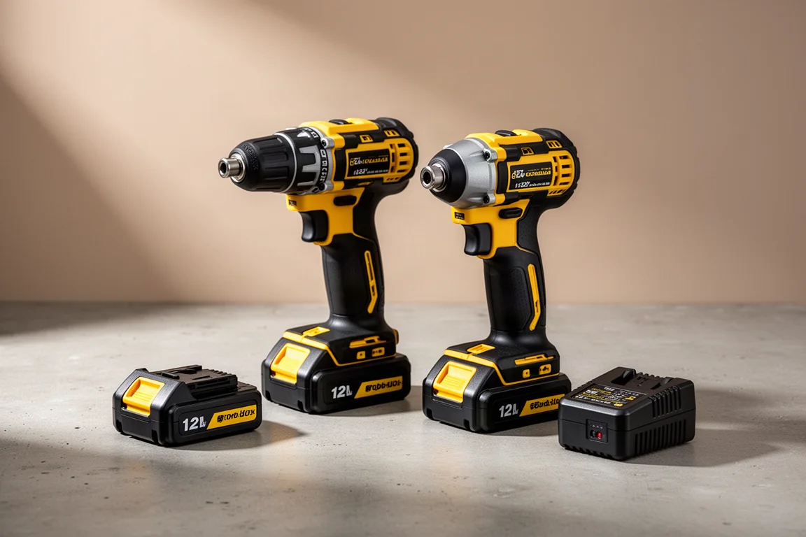 DeWalt 12V drill and impact driver combo kit arranged on a concrete surface with batteries and charger