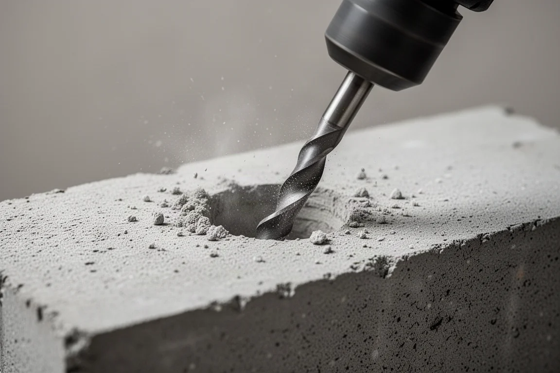 Wiertło wiercące w bloku betonu z drobnym pyłem wokół otworu