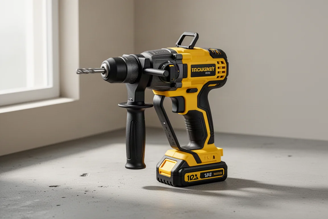 Compact yellow and black DeWalt 12V sub-compact rotary hammer on matte concrete