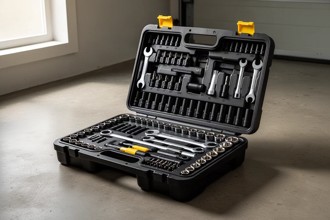 Open 184-piece mechanics tool set case with sockets and wrenches on a concrete floor