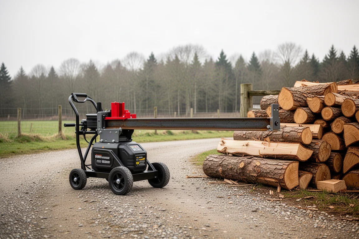 Cordless log splitter positioned on a rural property with stacked firewood nearby