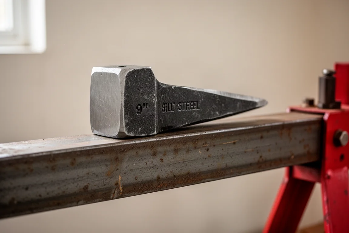 Splitting wedge and hydraulic blade detail on a log splitter beam