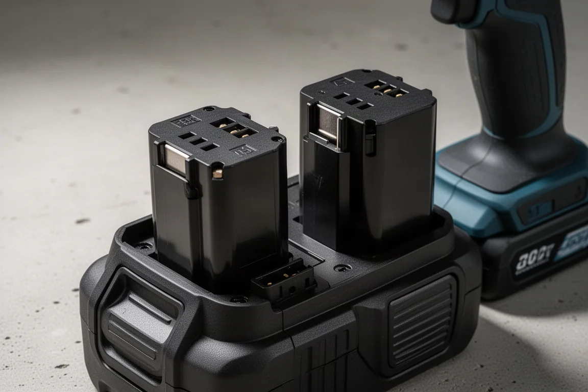 Two large battery packs installed in a log splitter battery bay