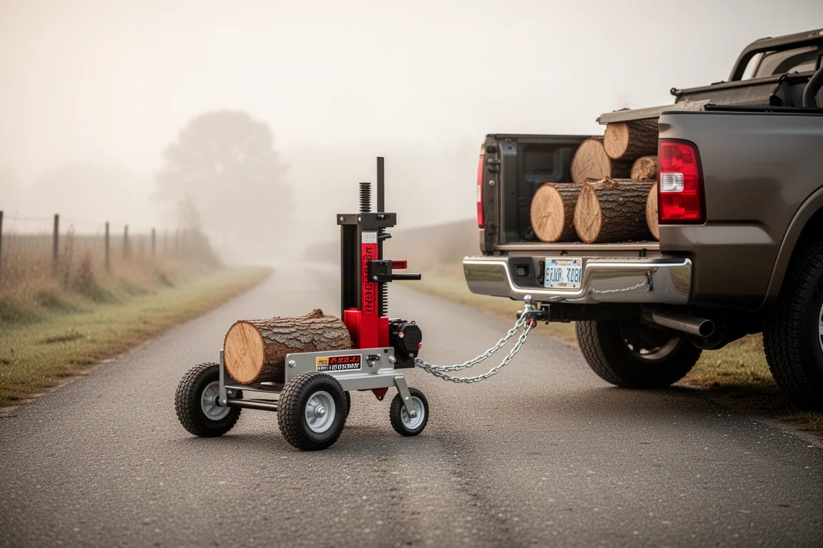 Log splitter hitched to a pickup truck on a country road