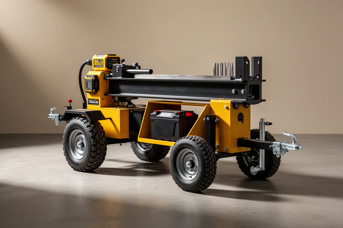 DeWalt 20-ton cordless log splitter with battery pack on concrete surface
