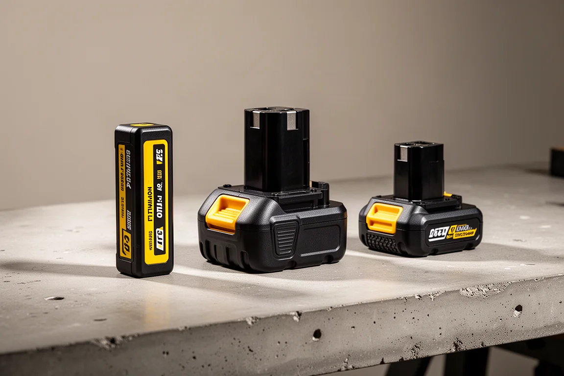 Three cordless tool batteries of different sizes lined up on a workbench