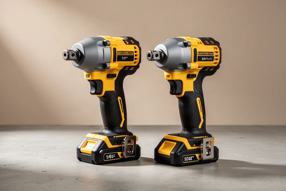 Two compact DeWalt Atomic impact wrenches standing on a concrete surface