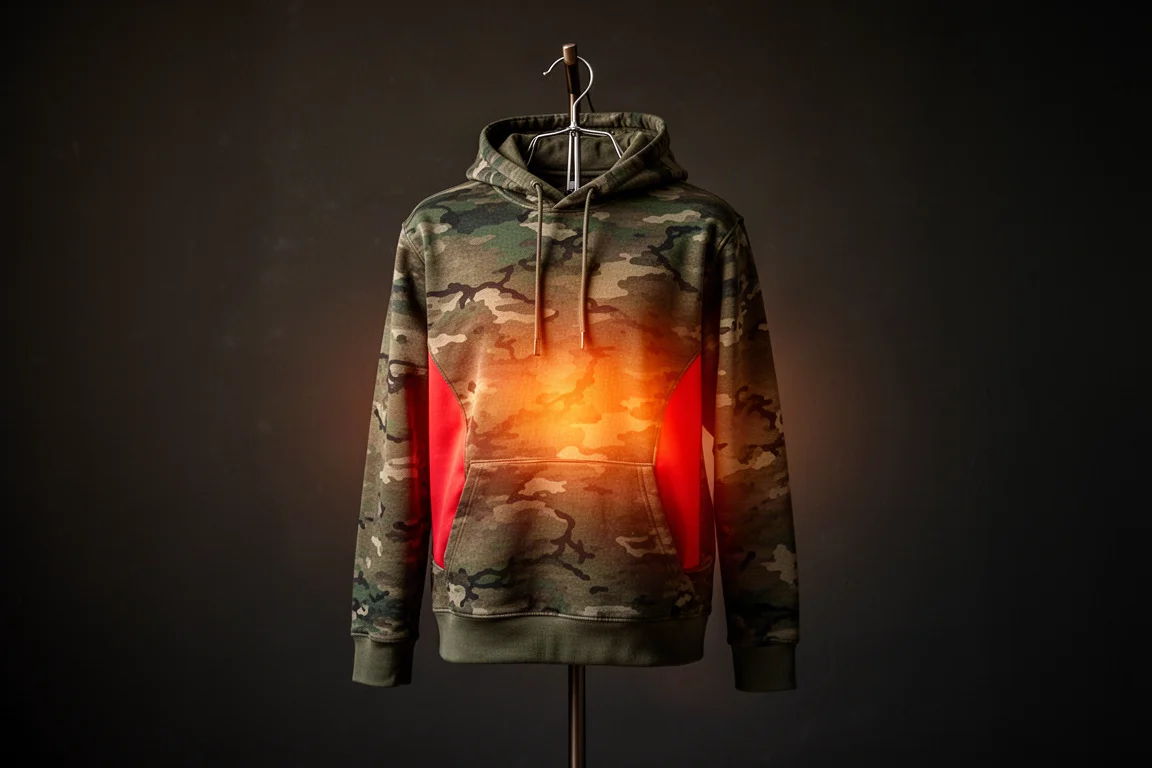 Wärmebildartiger warmer Schein über den Brustpaneelen eines beheizten Hoodies