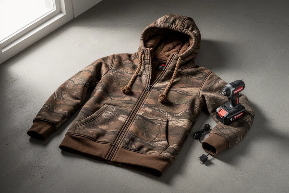 Camouflage heated hoodie laid on concrete with a power tool battery beside it