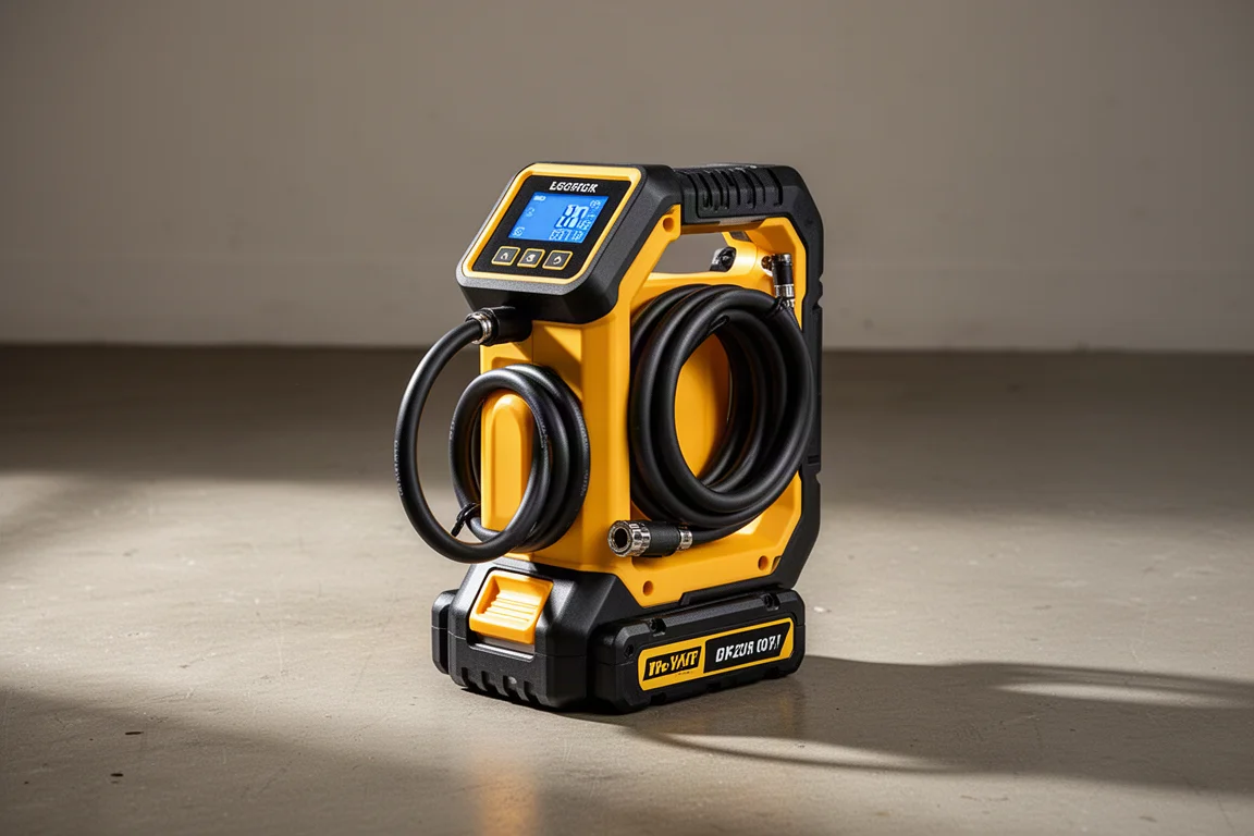 Yellow and black cordless tire inflator on a concrete workshop floor