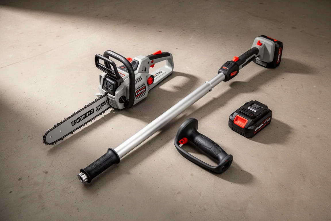 Three pole saw sections and a battery pack laid out on a concrete floor after unboxing