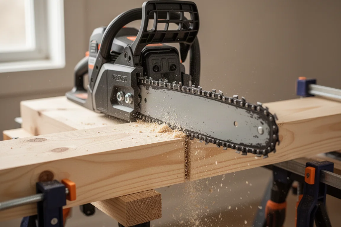 Pole saw cutting cleanly through a pine 2x4 with fresh sawdust visible
