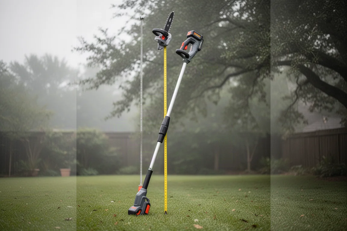 Person measuring the full extended length of a pole saw with a tape measure in a yard