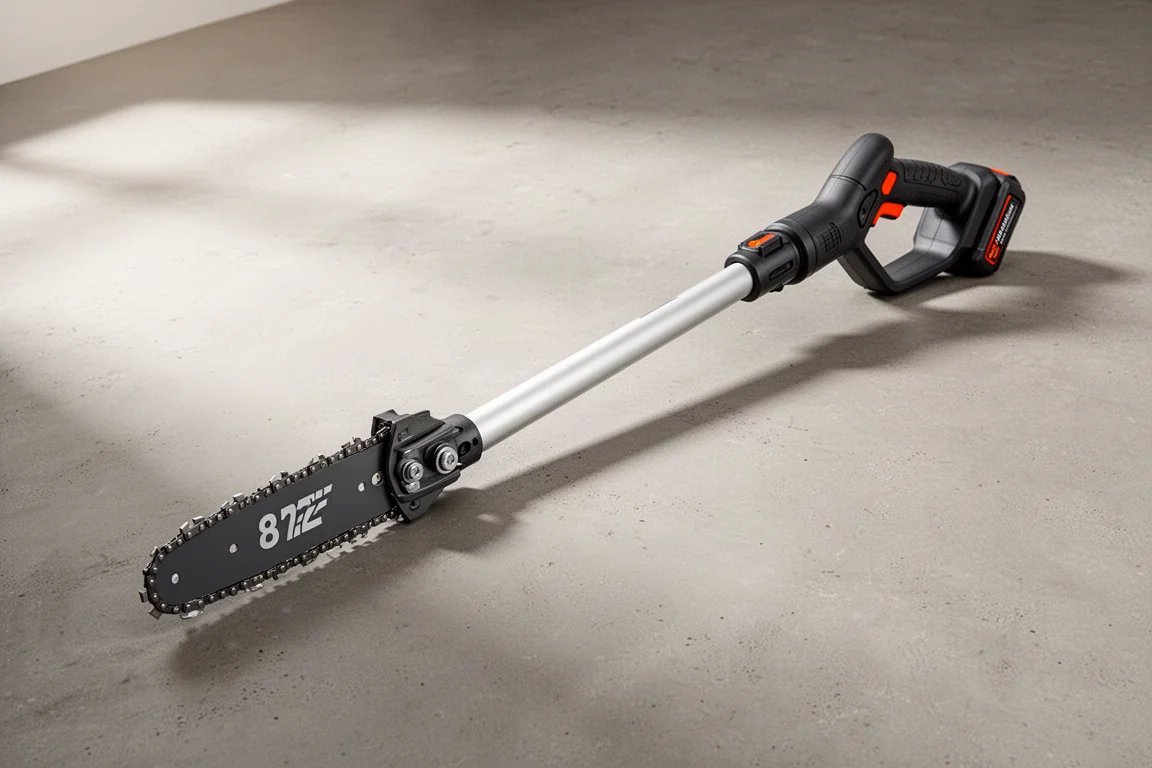 DeWalt 20V MAX pole saw laid out diagonally on a concrete surface