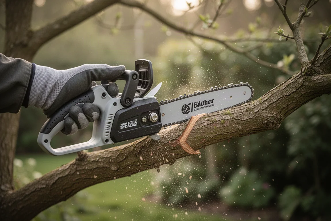 Jardinero podando una rama gruesa con una sierra inalámbrica compacta de una mano