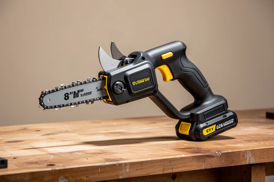 Compact cordless one-handed pruning chainsaw with short guide bar on a wooden workbench