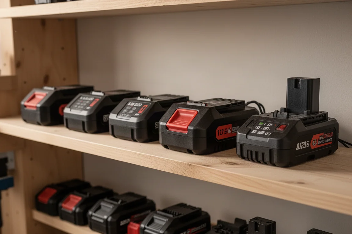 Estante de taller organizado con baterías y cargadores de herramientas eléctricas